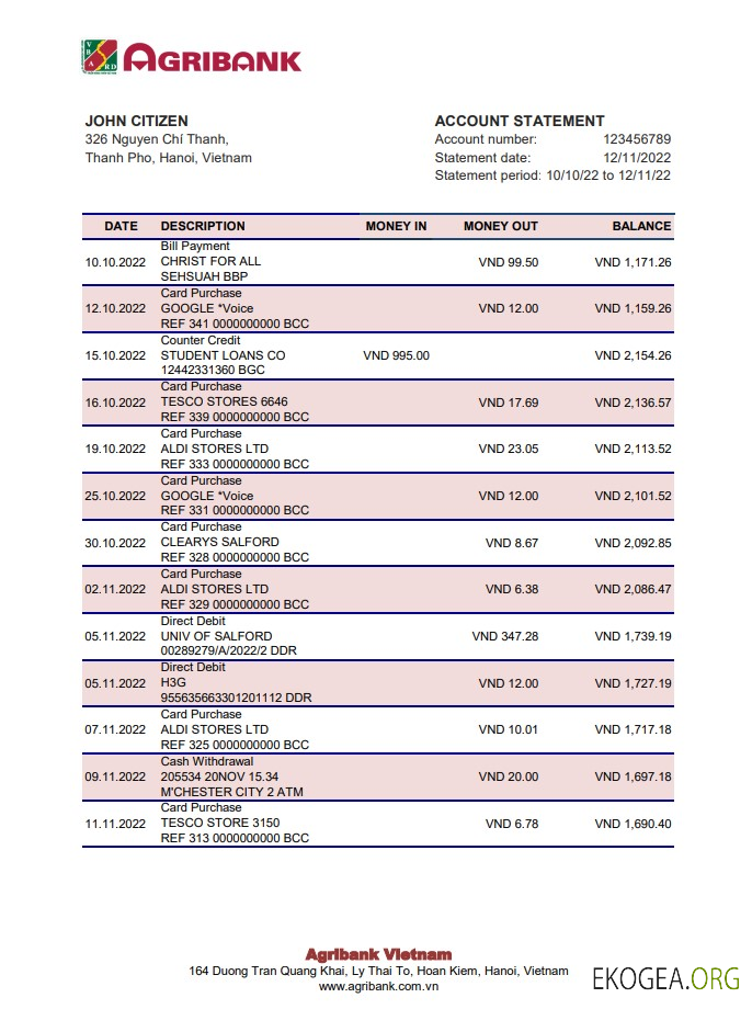 Relevé de la banque Vietnam Agribank